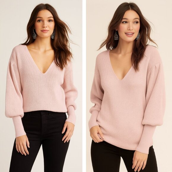 Free People Gingersnap Tunic Sweater Pink Rose Knit Barbiecore Pastel V-Neck - Picture 1 of 9